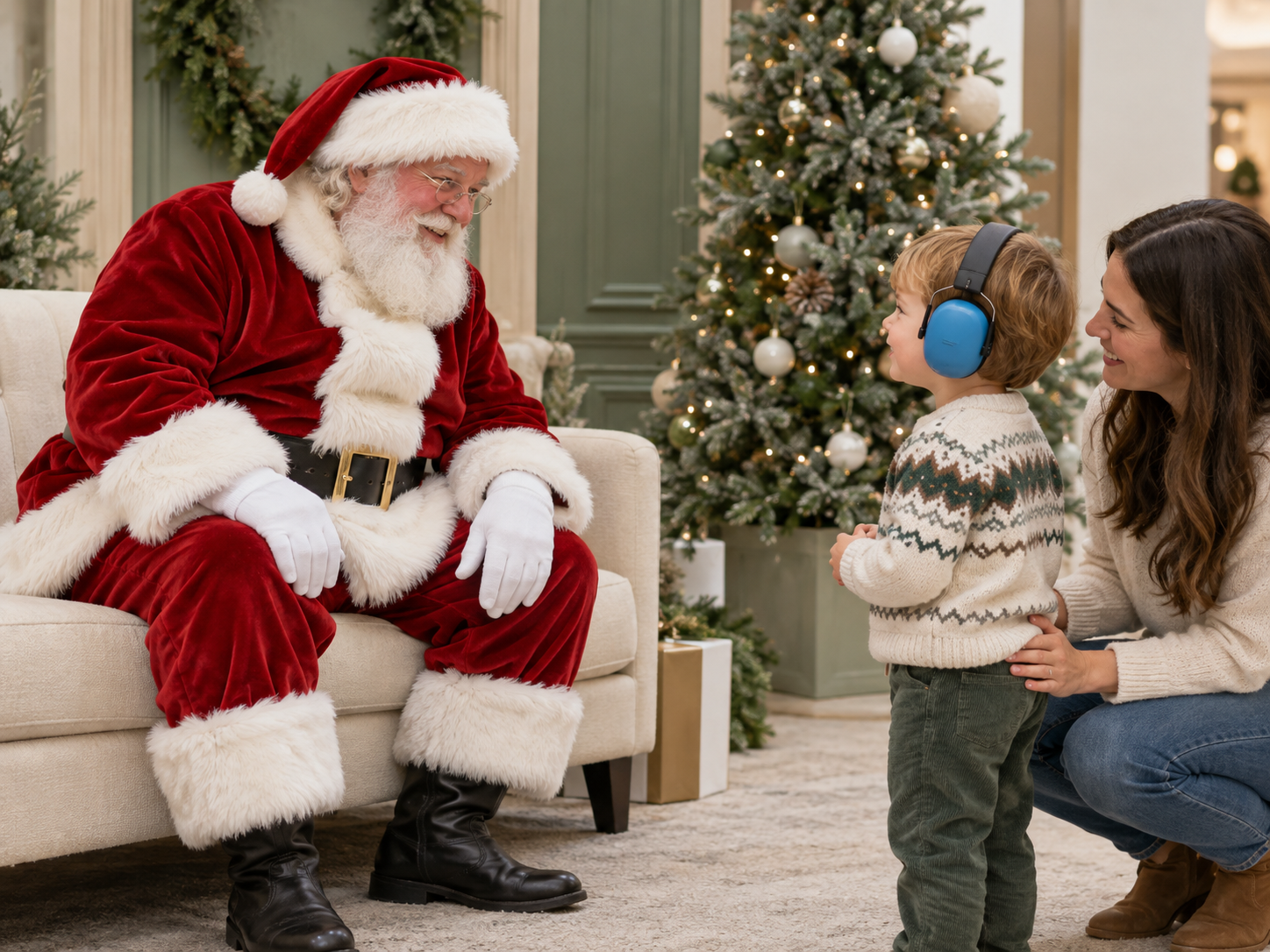 Santa gently greeting a child wearing hearing protection with a parent beside them